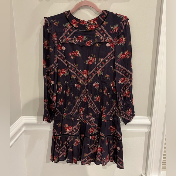 RAHI CALI - PURPLE FLORAL LONG SLEEVE RUFFLE MINI DRESS - SMALL - Picture 1 of 14